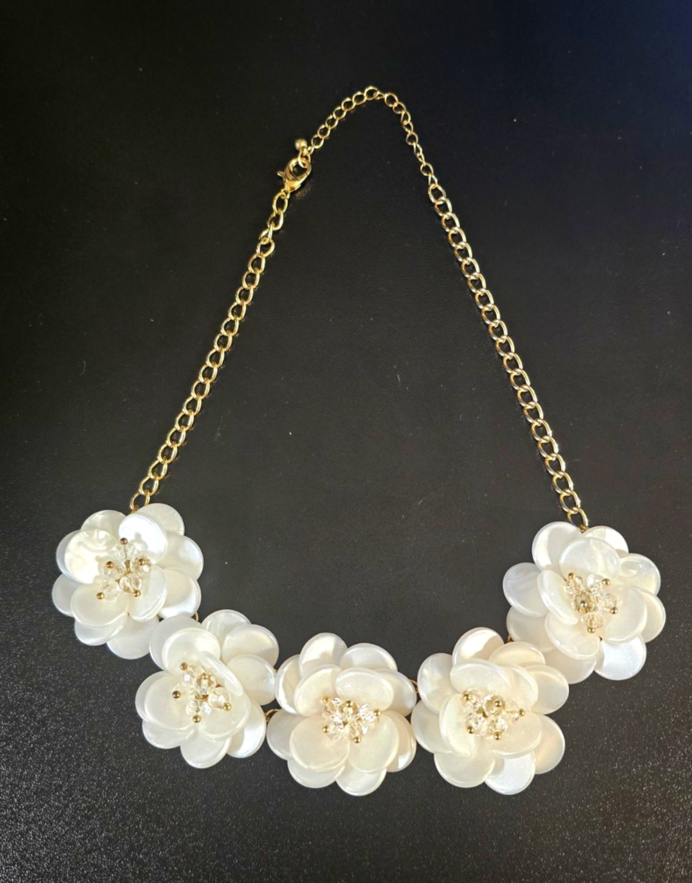 Gold Tone Cable Chain White Flower Bib Statement Necklace Clear Crystal, Lobster